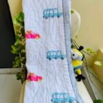 RACER RABBIT HANDBLOCK PRINTED REVERSIBLE MULMUL BABY QUILT | COMFORTER
