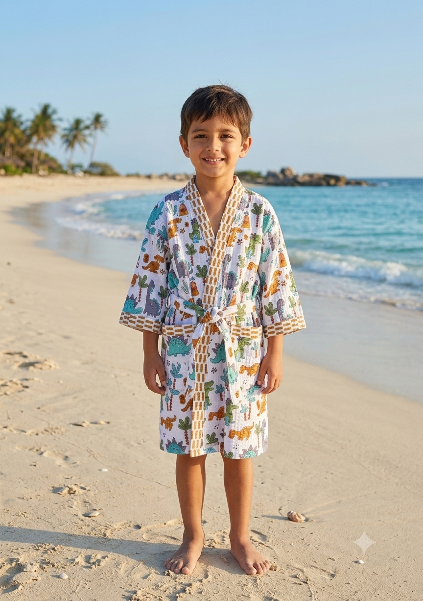 HANDBLOCK PURE COTTON KIDS BATHROBE