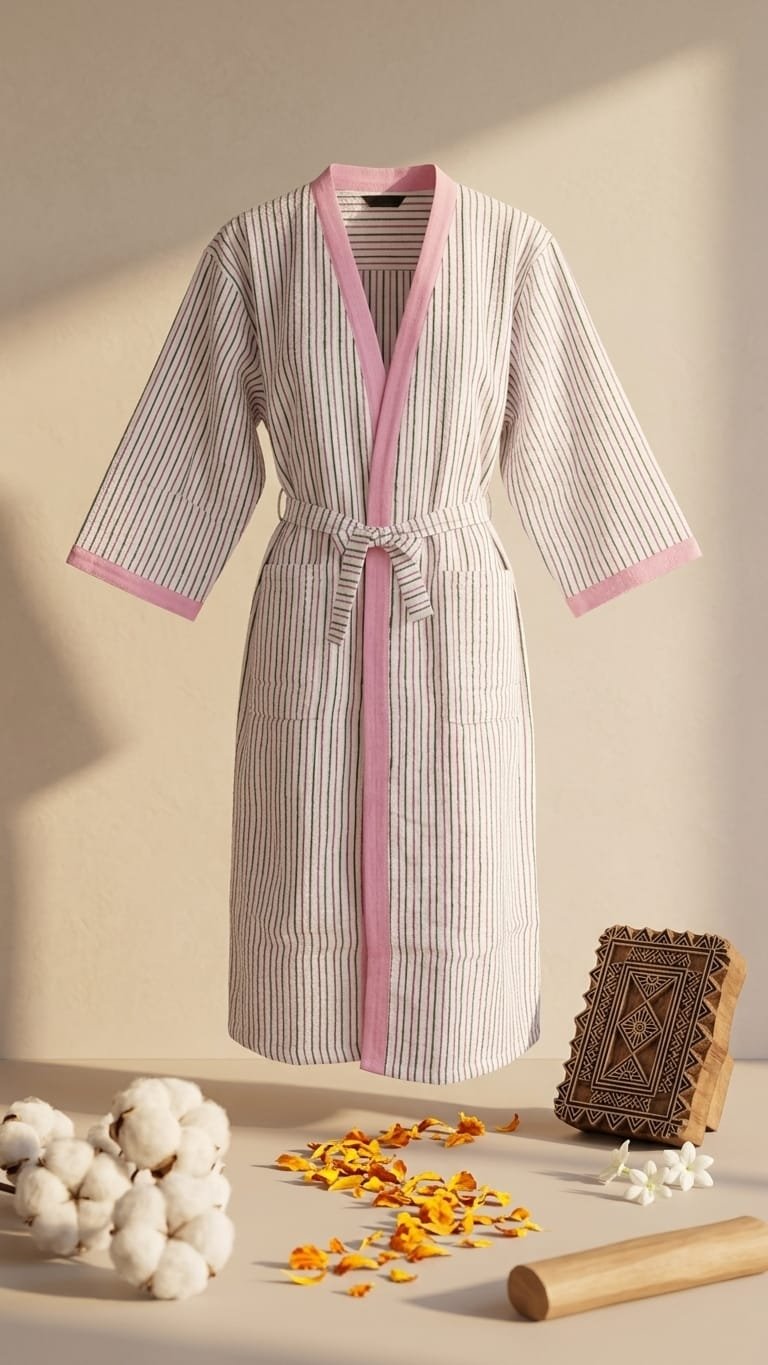 Handblock Pure Cotton Adult Bathrobe - Image 2