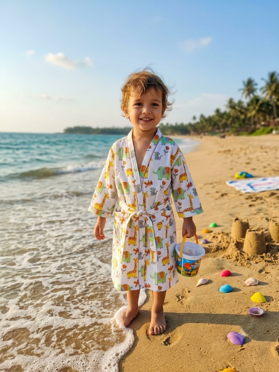 GREEN ELEPHANT HANDBLOCK PURE COTTON KIDS BATHROBE