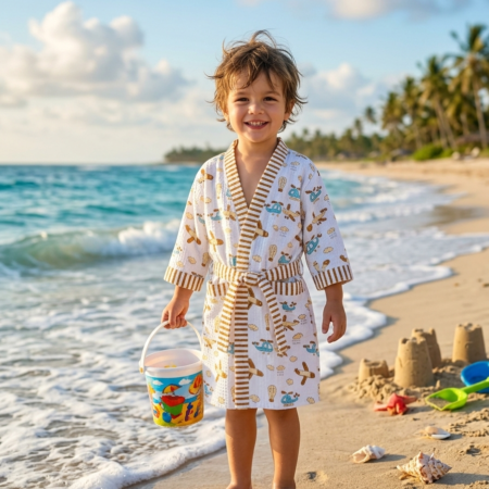 BROWN AEROPLANE HANDBLOCK PURE COTTON KIDS BATHROBE