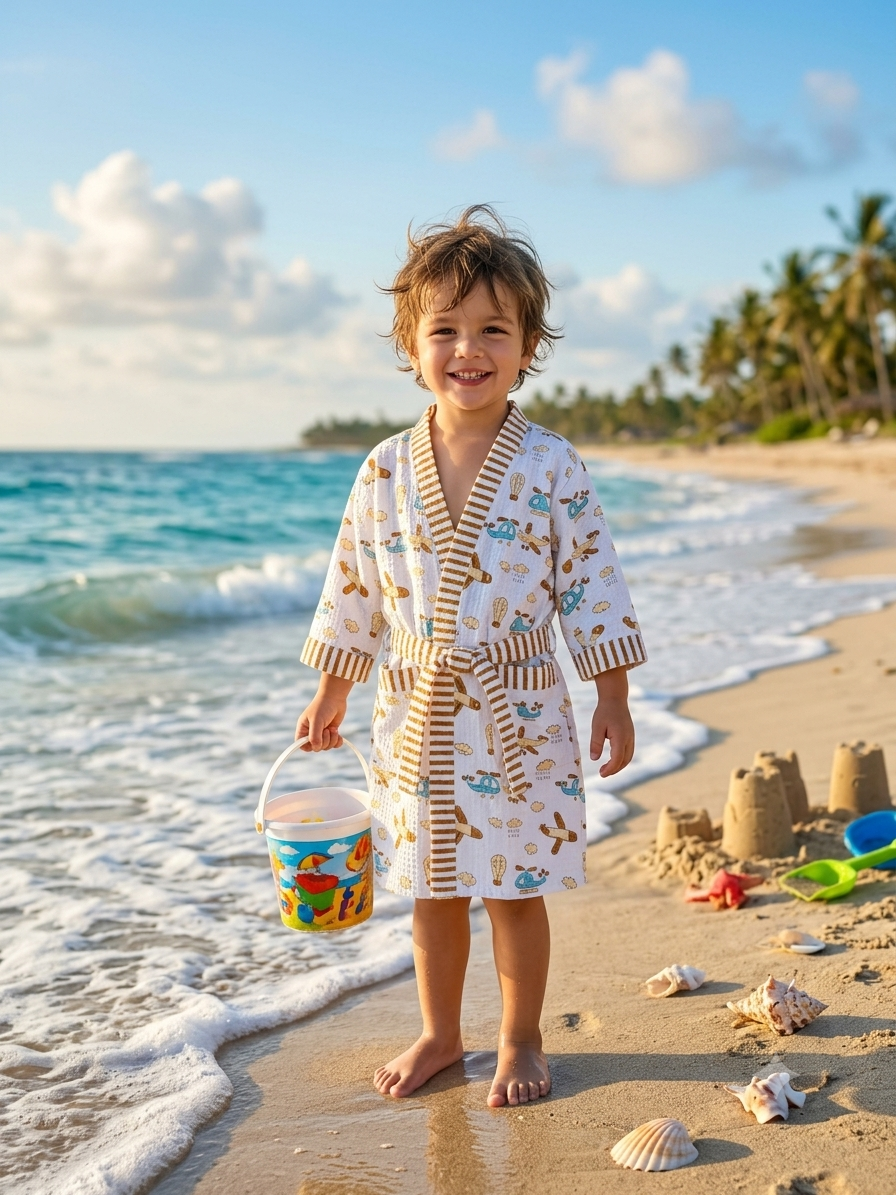 BROWN AEROPLANE HANDBLOCK PURE COTTON KIDS BATHROBE