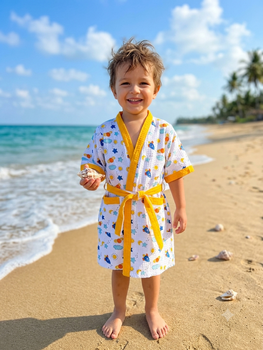 SPACE HANDBLOCK PURE COTTON KIDS BATHROBE - Image 2