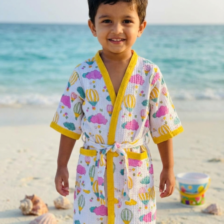 HOT AIR BALLOON HANDBLOCK PURE COTTON KIDS BATHROBE