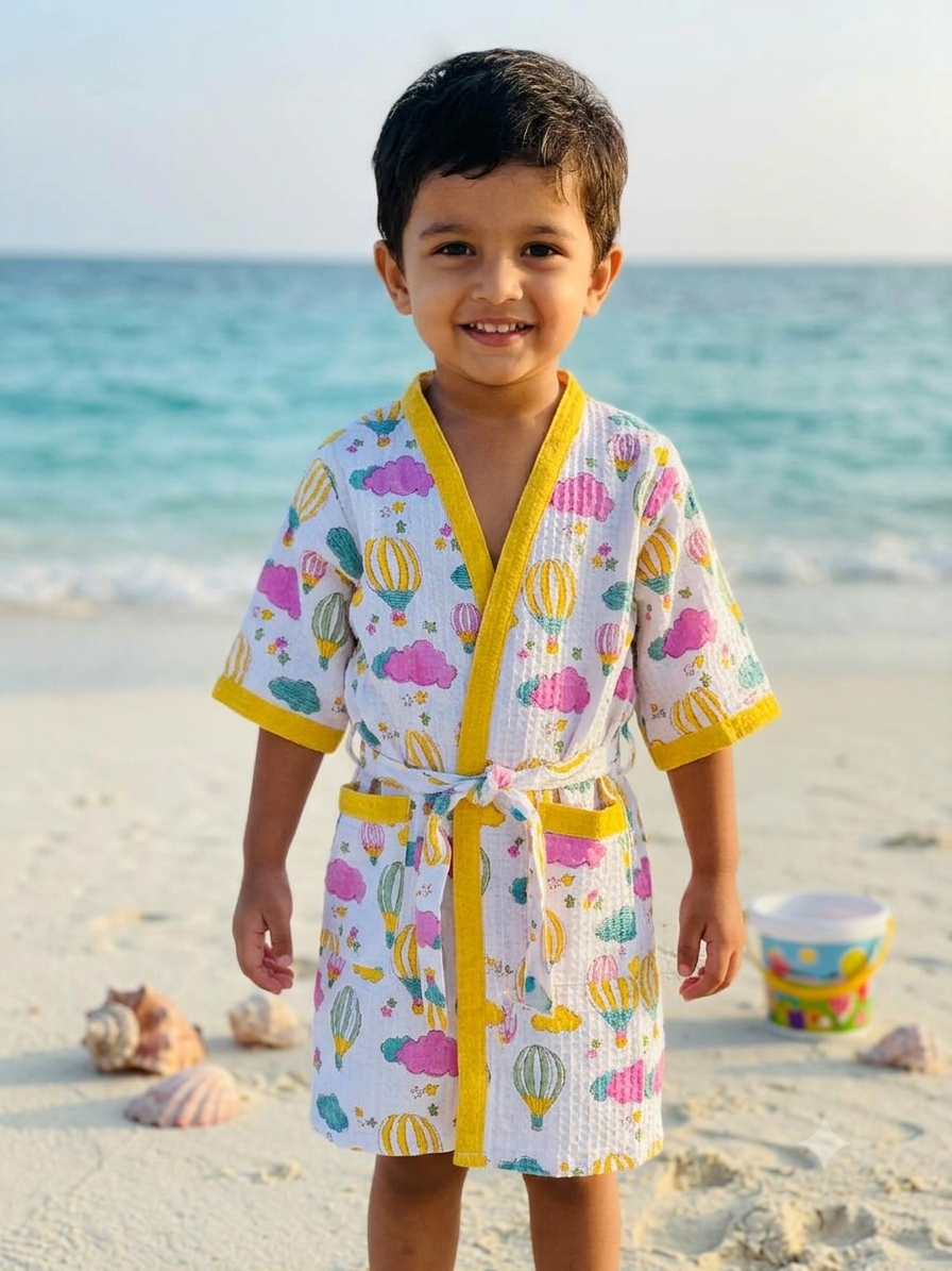 HOT AIR BALLOON HANDBLOCK PURE COTTON KIDS BATHROBE