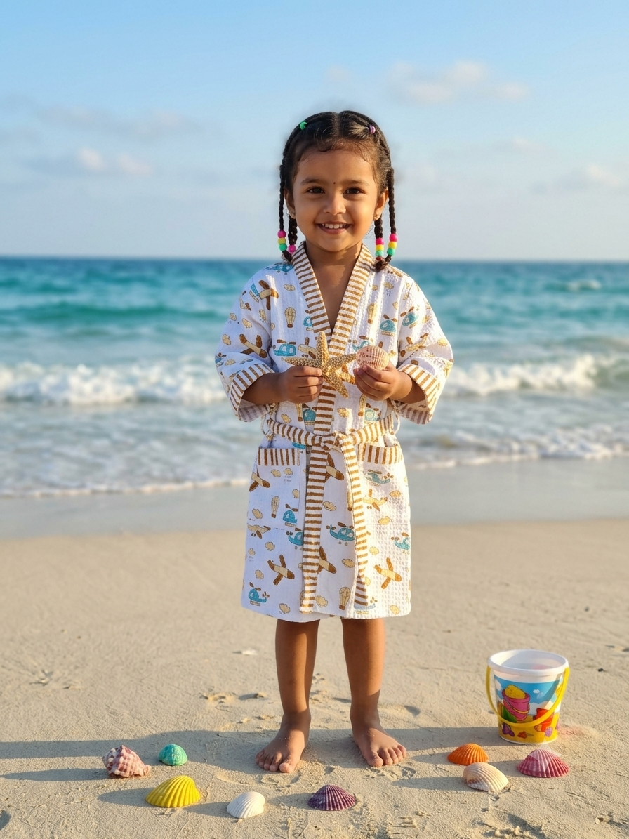 BROWN AEROPLANE HANDBLOCK PURE COTTON KIDS BATHROBE - Image 2