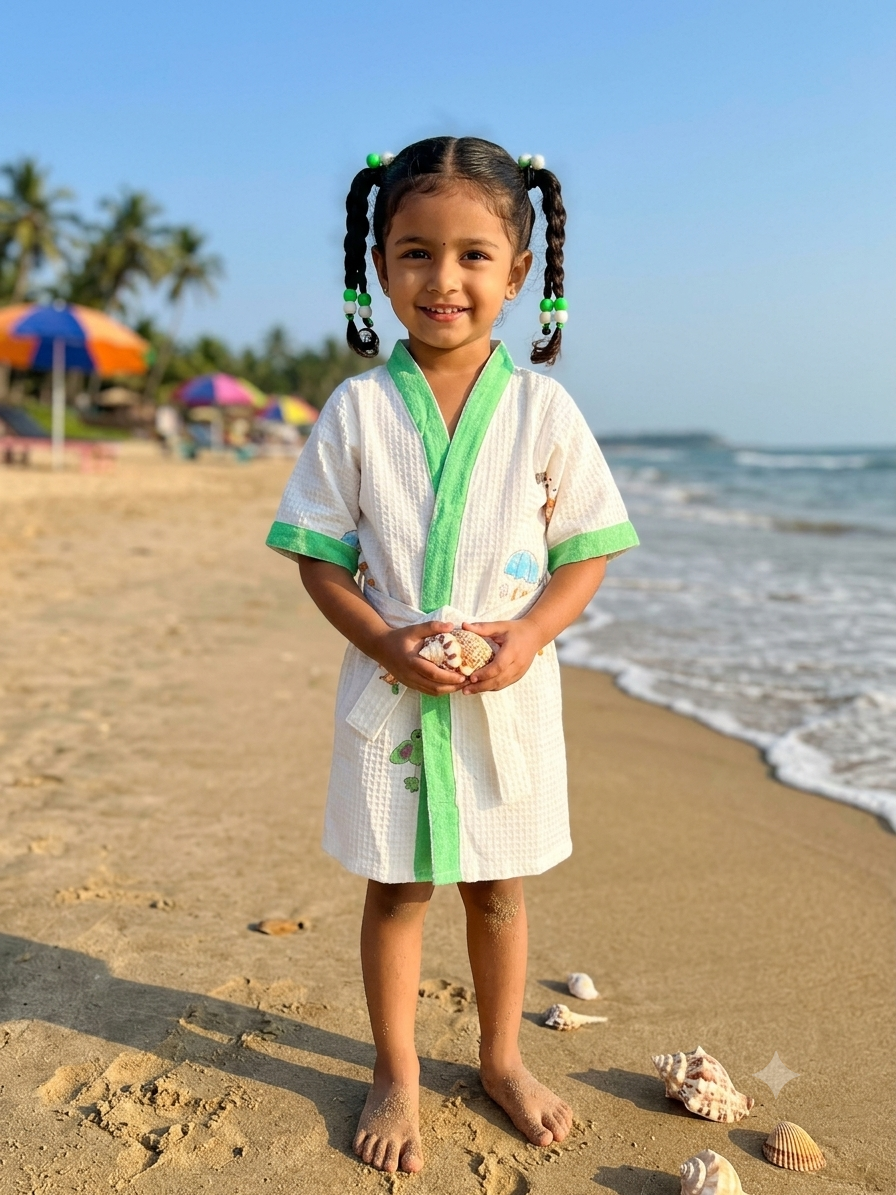 GREEN RABBIT HANDBLOCK PURE COTTON KIDS BATHROBE