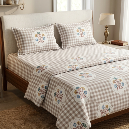 BROWN CHECKS PURE COTTON BEDSHEET-95X108 INCHES