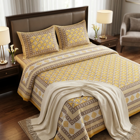 MUSTARD JAAL PURE COTTON BEDSHEET-95X108 INCHES
