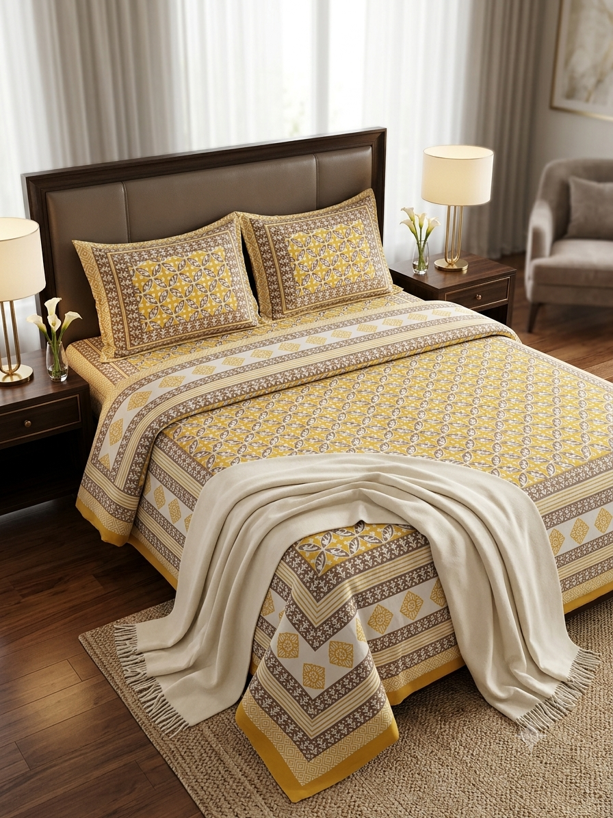 MUSTARD JAAL PURE COTTON BEDSHEET-95X108 INCHES