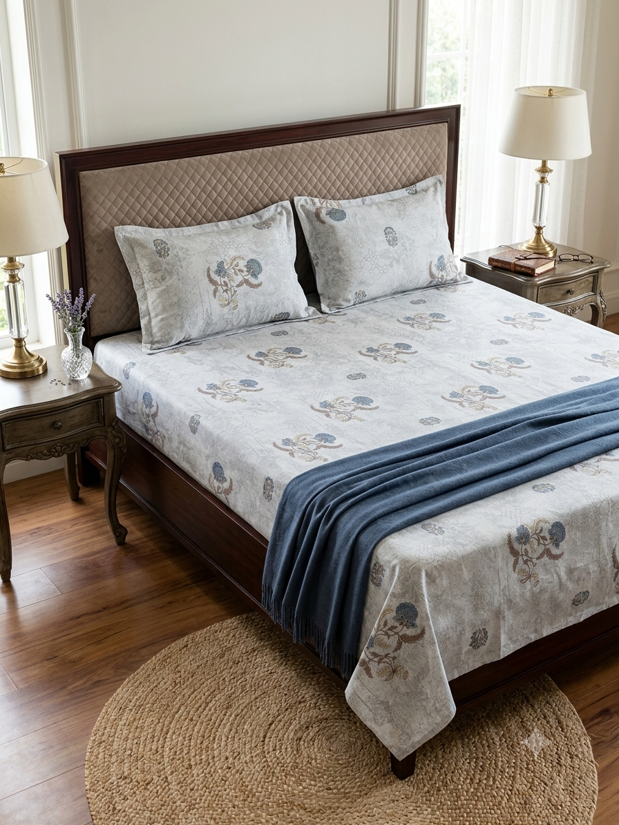 ANOKHI MYSTIC BLUE PURE COTTON BEDSHEET-95X108 INCHES
