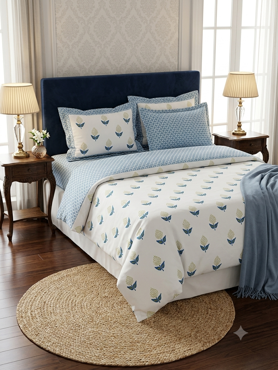 BLUSH BLUE PURE COTTON BEDSHEET-95X108 INCHES