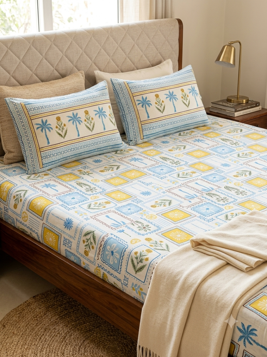COASTAL PALM BLUE PURE COTTON BEDSHEET-95X108 INCHES