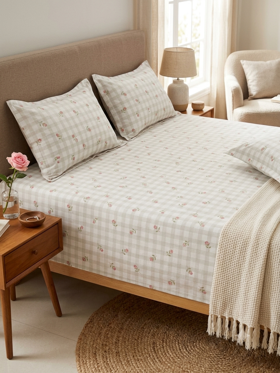 GINGHAM BLOOM PEACH PURE COTTON BEDSHEET-95X108 INCHES